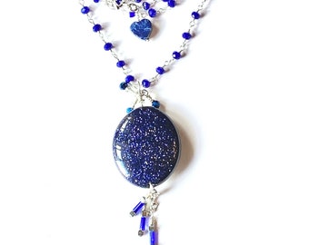 Blue Sandstone Pendant Necklace on 28 inch Blue Chalcedony SSP Chain.  Lapis Lazuli Heart Accented SS Toggle Clasp