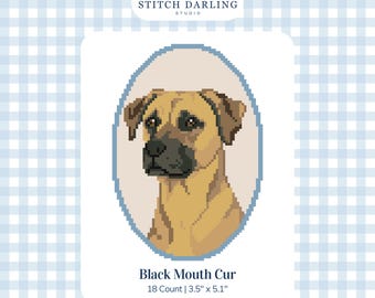 May include: A digital cross stitch pattern featuring a pixel art portrait of a tan Black Mouth Cur dog with a black muzzle, enclosed in a blue oval frame. Text includes Stitch Darling Studio, Black Mouth Cur, 18 Count, 3.5 inches by 5.1 inches.