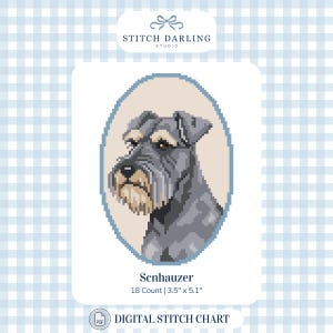 Pode incluir: Um padrão digital de ponto cruz com um retrato de um cão Schnauzer dentro de uma moldura oval. O texto diz Stitch Darling Studio, Schnauzer, 18 Count | 8,9 cm x 13,0 cm e Digital Stitch Chart. O cão tem pelo cinzento e bege.