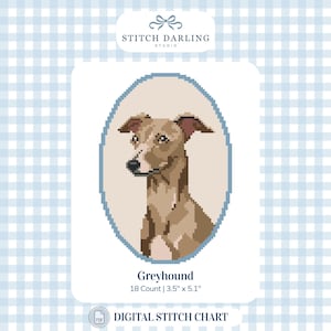 May include: A digital cross stitch pattern featuring a pixel art portrait of a brown greyhound inside a blue oval frame. The text reads STITCH DARLING STUDIO, Greyhound, 18 Count | 3.5" x 5.1", and DIGITAL STITCH CHART. The design is on a light blue gingham background.