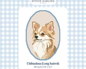 May include: A digital cross stitch pattern featuring a long-haired Chihuahua portrait inside an oval frame. The text reads Stitch Darling Studio, Chihuahua (Long haired), 18 Count | 3.5" x 5.1", and Digital Stitch Chart. The design uses pixel art.