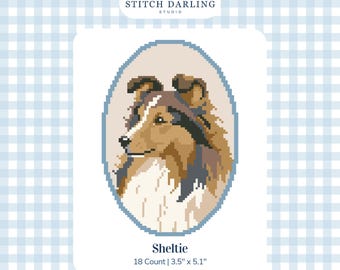 May include: A digital cross stitch pattern featuring a pixel art portrait of a Sheltie dog inside a blue oval frame. The text reads Stitch Darling Studio, Sheltie, 18 Count | 3.5" x 5.1", and Digital Stitch Chart. The design uses brown, tan, and white.