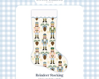May include: A digital cross stitch pattern for a Christmas stocking featuring a repeating nutcracker and pinecone motif on a cream background. The text reads Stitch Darling Studio, Reindeer Stocking, 13 Count, 9.7 inches by 16.6 inches.