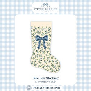 May include: A digital cross stitch chart for a Christmas stocking featuring a cream background with a blue floral pattern and a large central blue bow. The text reads Stitch Darling Studio, Blue Bow Stocking, 13 Count, 9.7 inches by 16.6 inches.