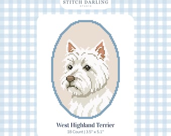 May include: A digital cross stitch pattern featuring a West Highland Terrier portrait inside an oval frame. The text reads Stitch Darling Studio, West Highland Terrier, 18 Count | 3.5" x 5.1", and Digital Stitch Chart.