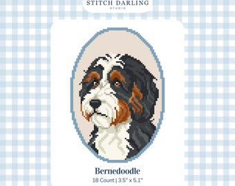 May include: A digital cross stitch pattern featuring a Bernedoodle dog portrait in an oval frame. The text reads Stitch Darling Studio, Bernedoodle, 18 Count | 3.5" x 5.1", and Digital Stitch Chart. The dog has black, white, and brown fur.