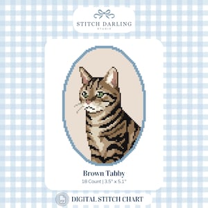 Può includere: Uno schema digitale a punto croce con il ritratto di un gatto soriano marrone all'interno di una cornice ovale. Il testo riporta Stitch Darling Studio, Brown Tabby, 18 Count, 8,89 cm per 12,95 cm e Digital Stitch Chart su sfondo a quadretti azzurri.