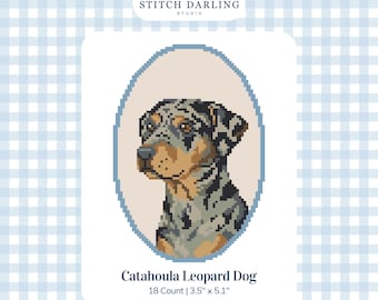 May include: A digital cross stitch pattern featuring a Catahoula Leopard Dog portrait inside an oval frame. The text reads Stitch Darling Studio, Catahoula Leopard Dog, 18 Count, 3.5 inches by 5.1 inches, and Digital Stitch Chart.
