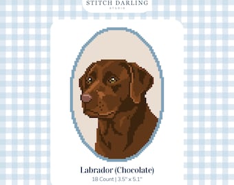 May include: A digital cross stitch pattern featuring a chocolate Labrador retriever portrait inside an oval frame. The text reads Stitch Darling Studio, Labrador (Chocolate), 18 Count | 3.5" x 5.1", and Digital Stitch Chart. The design uses pixel art.
