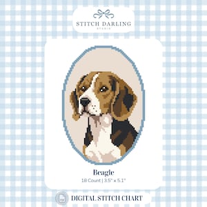 May include: A digital cross stitch pattern featuring a pixelated beagle portrait inside a blue oval frame. The text reads Stitch Darling Studio, Beagle, 18 Count, 3.5 inches by 5.1 inches, and Digital Stitch Chart. The design is on a light blue grid.