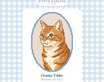 May include: A digital cross stitch pattern featuring an orange tabby cat portrait inside a blue oval frame. The text reads Stitch Darling Studio, Orange Tabby, 18 Count | 3.5" x 5.1", and Digital Stitch Chart. The background is a light blue gingham.