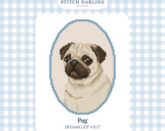 May include: A digital cross stitch pattern featuring a pixelated portrait of a fawn pug with a black muzzle inside a blue oval frame. The text reads Stitch Darling Studio, Pug, 18 Count, 3.5" x 5.1", and Digital Stitch Chart on a blue gingham background.
