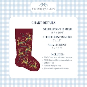 May include: A digital needlepoint chart for a maroon Christmas stocking featuring reindeer and teal string lights. Includes dimensions for 13 mesh (9.7 x 16.6 inches), 18 mesh (7 x 12 inches), and 14 count Aida (9 x 15.5 inches), plus PDF, DMC, and Stitchly files.