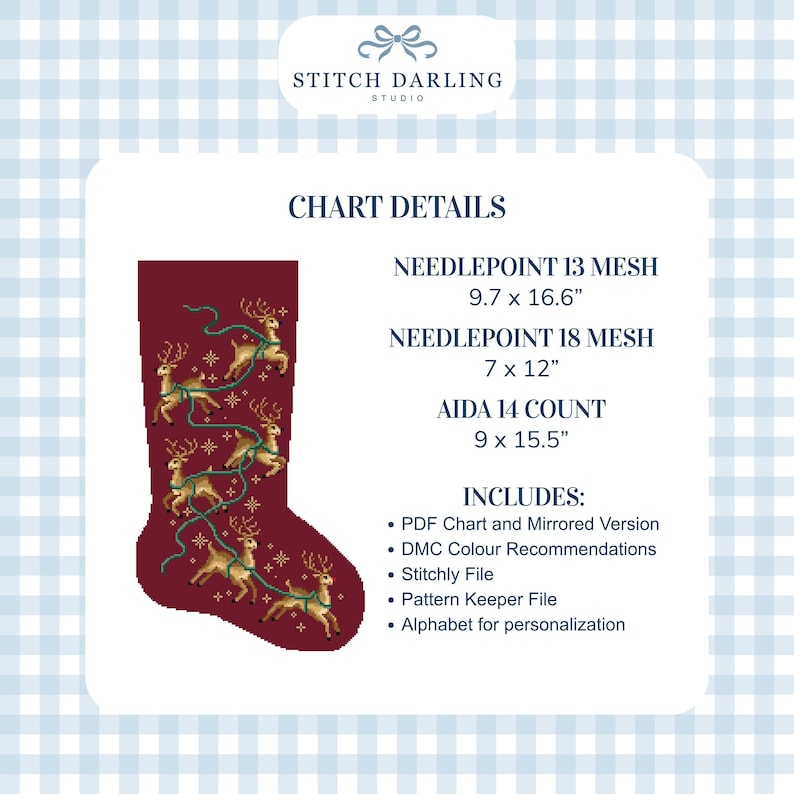 May include: A digital needlepoint chart for a maroon Christmas stocking featuring reindeer and teal string lights. Includes dimensions for 13 mesh (9.7 x 16.6 inches), 18 mesh (7 x 12 inches), and 14 count Aida (9 x 15.5 inches), plus PDF, DMC, and Stitchly files.