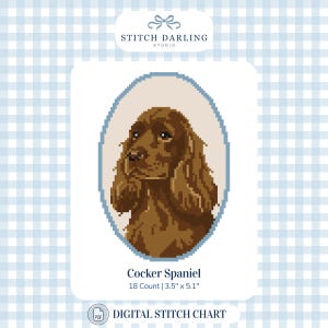 May include: A digital cross stitch pattern featuring a brown Cocker Spaniel portrait inside a blue oval frame. The text reads Stitch Darling Studio, Cocker Spaniel, 18 Count | 3.5" x 5.1", and Digital Stitch Chart. The design is on a light blue gingham background.