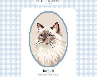 May include: A digital cross stitch pattern featuring a pixel art portrait of a Ragdoll cat inside a blue oval frame. The text reads Stitch Darling Studio, Ragdoll, 18 Count | 3.5" x 5.1", and Digital Stitch Chart. The cat has cream fur and blue eyes.