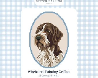 May include: A digital cross stitch chart by Stitch Darling Studio featuring a pixel art portrait of a Wirehaired Pointing Griffon dog inside a blue oval frame. The text reads Wirehaired Pointing Griffon, 18 Count, 3.5 inches by 5.1 inches.