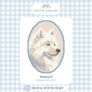 May include: A digital cross stitch pattern featuring a pixelated portrait of a white Samoyed dog inside an oval blue border. The text reads Stitch Darling Studio, Samoyed, 18 Count | 3.5" x 5.1", and Digital Stitch Chart. The design is on a light blue gingham background.