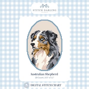 Op de afbeelding: Een digitaal kruissteekpatroon met een pixel art portret van een Australian Shepherd hond in een ovaal kader. De tekst luidt Stitch Darling Studio, Australian Shepherd, 18 Count | 8,9 cm x 13,0 cm, en Digital Stitch Chart.