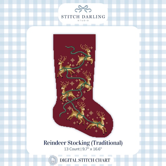 Reindeer Stocking Needlepoint Chart | Traditional | Digital Needlepoint & Cross Stitch Pattern
