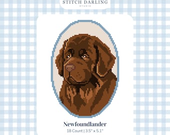 May include: A digital cross stitch pattern featuring a pixel art portrait of a brown Newfoundland dog inside a light blue oval frame. The text reads Stitch Darling Studio, Newfoundlander, 18 Count | 3.5" x 5.1", and Digital Stitch Chart.