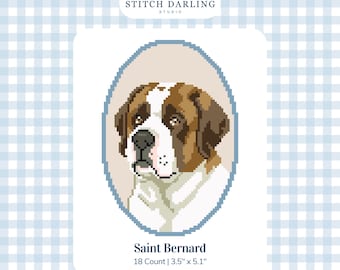 May include: A digital cross stitch pattern featuring a Saint Bernard dog portrait inside an oval frame. The text reads Stitch Darling Studio, Saint Bernard, 18 Count | 3.5" x 5.1", and Digital Stitch Chart. The design uses brown, white, and black pixels.