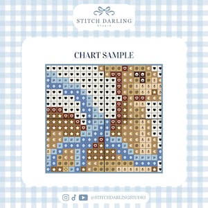May include: A cross-stitch pattern chart sample from Stitch Darling Studio featuring a grid of squares filled with symbols including hearts, stars, Greek letters, and currency signs in shades of blue, brown, and white on a light blue background.