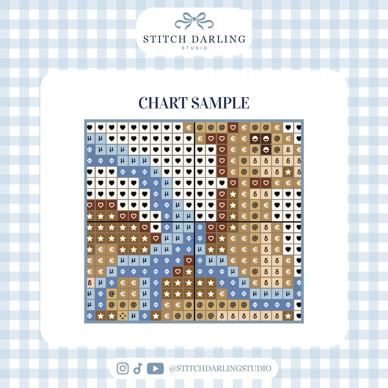 May include: A cross-stitch pattern chart sample from Stitch Darling Studio featuring a grid of squares filled with symbols including hearts, stars, Greek letters, and currency signs in shades of blue, brown, and white on a light blue background.