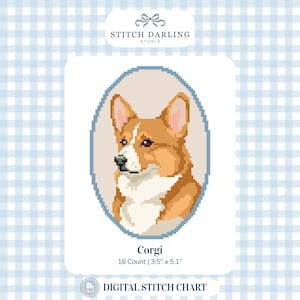 Può includere: Uno schema digitale a punto croce con un ritratto in pixel art di un cane Corgi all'interno di una cornice ovale blu. Il testo recita STITCH DARLING STUDIO, Corgi, 18 Count | 8,9 cm x 13,0 cm, e DIGITAL STITCH CHART. Il design usa beige, bianco e nero.