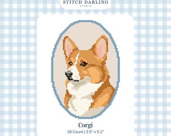 May include: A digital cross stitch pattern featuring a pixel art portrait of a Corgi dog inside a blue oval frame. The text reads STITCH DARLING STUDIO, Corgi, 18 Count | 3.5" x 5.1", and DIGITAL STITCH CHART. The design uses tan, white, and black.