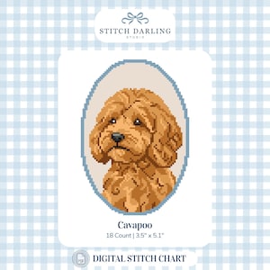 May include: A digital cross stitch chart titled Stitch Darling Studio featuring a pixel art portrait of a brown Cavapoo dog inside a blue oval frame. The text below reads Cavapoo 18 Count | 8.9 cm x 13.0 cm and Digital Stitch Chart.