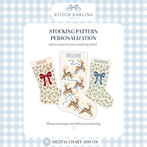 May include: A digital cross-stitch stocking pattern personalization chart from Stitch Darling Studio. The image displays three stockings with names Violet, Helene, and Grandma, featuring red bows, reindeer with blue string, and blue floral patterns.