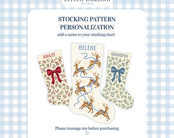 May include: A digital cross-stitch stocking pattern personalization chart from Stitch Darling Studio. The image displays three stockings with names Violet, Helene, and Grandma, featuring red bows, reindeer with blue string, and blue floral patterns.