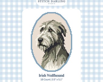 May include: A digital cross stitch pattern featuring an Irish Wolfhound portrait in an oval frame. The text reads Stitch Darling Studio, Irish Wolfhound, 18 Count | 3.5" x 5.1", and Digital Stitch Chart. The design uses shades of gray, white, and blue.