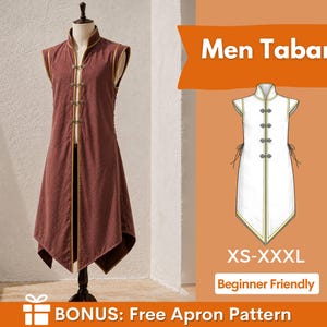 Puede incluir: Una túnica sin mangas de color granate con cuello alto, ribete dorado y cuatro cierres decorativos de metal en la parte delantera. La imagen incluye un dibujo lineal blanco de la prenda etiquetado como Men Tabard, tallas XS-XXXL, y el texto BONUS: Free Apron Pattern.