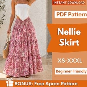 Może przedstawiać: Długa, warstwowa spódnica maxi z różowo-białym wzorem paisley i marszczonym pasem. Tekst po prawej stronie brzmi: PDF Pattern, Nellie Skirt, XS-XXXL, Beginner Friendly oraz BONUS: Free Apron Pattern.