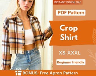 Crop Shirt Sewing Pattern, Long Sleeved Crop Shirt, Women Shirt Jacket Sewing Pattern, Women Sewing Pattern, Shacket Sewing Pattern