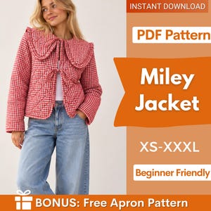 May include: A red and white gingham quilted jacket with a large rounded collar and front hook closures. The text on the image reads: INSTANT DOWNLOAD, PDF Pattern, Miley Jacket, XS-XXXL, Beginner Friendly, BONUS: Free Apron Pattern.