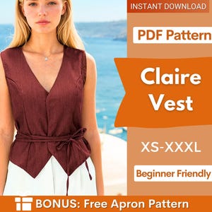 Könnte beinhalten: Eine dunkelrote ärmellose Weste mit V-Ausschnitt und Bindegürtel in der Taille. Der Text auf dem Bild lautet: INSTANT DOWNLOAD, PDF Pattern, Claire Vest, XS-XXXL, Beginner Friendly, BONUS: Free Apron Pattern.