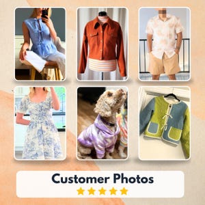 The image is a collage of six photos featuring various clothing items and a dog. The photos include a blue and white dress, a red jacket, a white shirt, a pair of shorts, a green and blue jacket, and a purple sweater. The collage is titled "Customer Photos" and includes five customer photos with a rating of 5 stars.