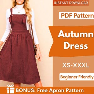 Può includere: Un abito scamiciato in velluto a coste color marrone con spalline e anelli metallici, indossato sopra un dolcevita bianco a maniche lunghe. L'immagine include il testo: INSTANT DOWNLOAD, PDF Pattern, Autumn Dress, XS-XXXL, Beginner Friendly, BONUS: Free Apron Pattern.