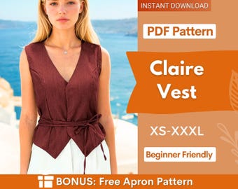 Vest Sewing Pattern, Waistcoat Pattern, Sewing Patterns, Women Pattern Vest, Front Tie Vest Pattern, Top Pattern Women, Women Top Pattern