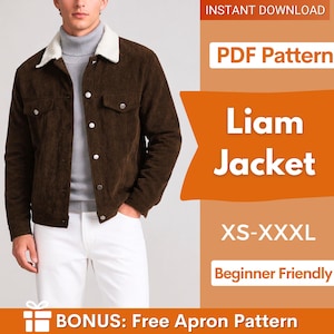 May include: A brown corduroy jacket with a white faux fur collar. The jacket has button closures and two chest pockets. The image also includes text that says "Liam Jacket" and "XS-XXXL".