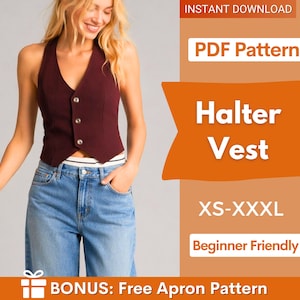 May include: A burgundy halter vest with three buttons, paired with blue jeans. The image also includes text that says "Halter Vest" and "XS-XXXL". The image is a PDF pattern and beginner friendly.