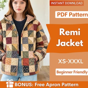 Könnte beinhalten: Gesteppte Jacke mit Patchwork-Design in verschiedenen Farben, darunter Braun, Rot und Beige. Die Jacke hat eine Kapuze und Taschen. Der Text "Remi Jacket" und "PDF Pattern" ist ebenfalls enthalten. Größen XS-XXXL.