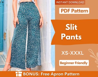 May include: High-waisted dark green pants with a white speckled pattern and side slits. The text reads: INSTANT DOWNLOAD, PDF Pattern, Slit Pants, XS-XXXL, Beginner Friendly, BONUS: Free Apron Pattern. The pants feature a wide-leg silhouette.