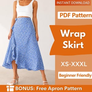 May include: A blue wrap skirt with a small white floral pattern, featuring a ruffled edge and a high-low hemline. The text on the image reads: INSTANT DOWNLOAD, PDF Pattern, Wrap Skirt, XS-XXXL, Beginner Friendly, BONUS: Free Apron Pattern.