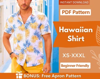 Patrón de costura para camisa hawaiana, tallas XS-XXXL, patrón de costura para camisa tropical, patrón de costura para hombre, patrón de camisa para hombre, patrón de camisa para hombre en PDF