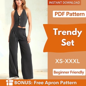 Pants & Vest Pattern | Wide Leg Pants Pattern | Waistcoat Pattern | Trouser Pattern | Women Vest | Women Pants Pattern PDF, High Waist Pants
