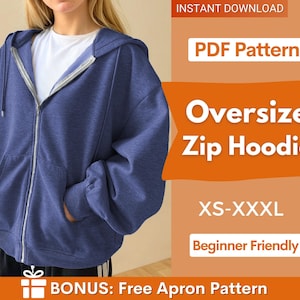 Puede incluir: Una sudadera azul oversize con cremallera, capucha, mangas largas y bolsillos delanteros. La imagen incluye el texto: INSTANT DOWNLOAD, PDF Pattern, Oversize Zip Hoodie, XS-XXXL, Beginner Friendly y BONUS: Free Apron Pattern.